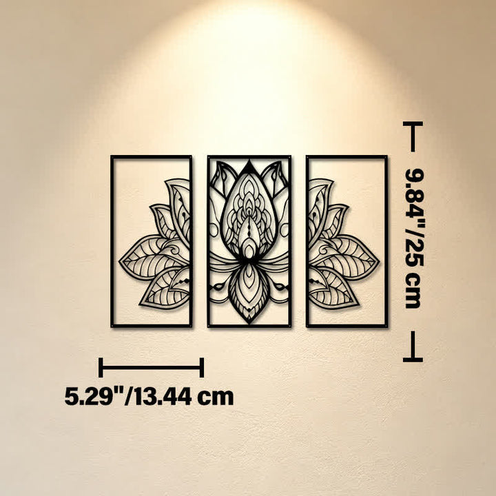 Buddha Stones Trittico del Loto dell'Illuminazione in metallo con simboli significativi - Opera d'arte da parete - Circa 13,44 cm x 25 cm x 0,1 cm / 5,29 pollici x 9,84 pollici x 0,04 pollici - image 2
