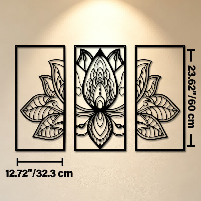 Buddha Stones Trittico del Loto dell'Illuminazione in metallo con simboli significativi - Opera d'arte da parete - Circa 32,3 cm x 60 cm x 0,12 cm / 12,72 pollici x 23,62 pollici x 0,05 pollici - image 12