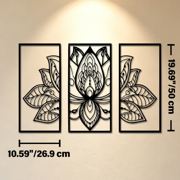 Buddha Stones Trittico del Loto dell'Illuminazione in metallo con simboli significativi - Opera d'arte da parete - Circa 26,9 cm x 50 cm x 0,12 cm / 10,59 pollici x 19,69 pollici x 0,05 pollici - image 10