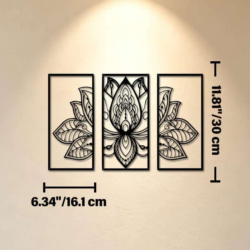 Buddha Stones Trittico del Loto dell'Illuminazione in metallo con simboli significativi - Opera d'arte da parete - Circa 16,1 cm x 30 cm x 0,1 cm / 6,34 pollici x 11,81 pollici x 0,04 pollici - image 4