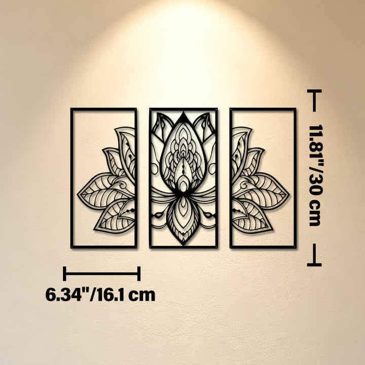 Buddha Stones Trittico del Loto dell'Illuminazione in metallo con simboli significativi - Opera d'arte da parete - Circa 16,1 cm x 30 cm x 0,1 cm / 6,34 pollici x 11,81 pollici x 0,04 pollici - image 4