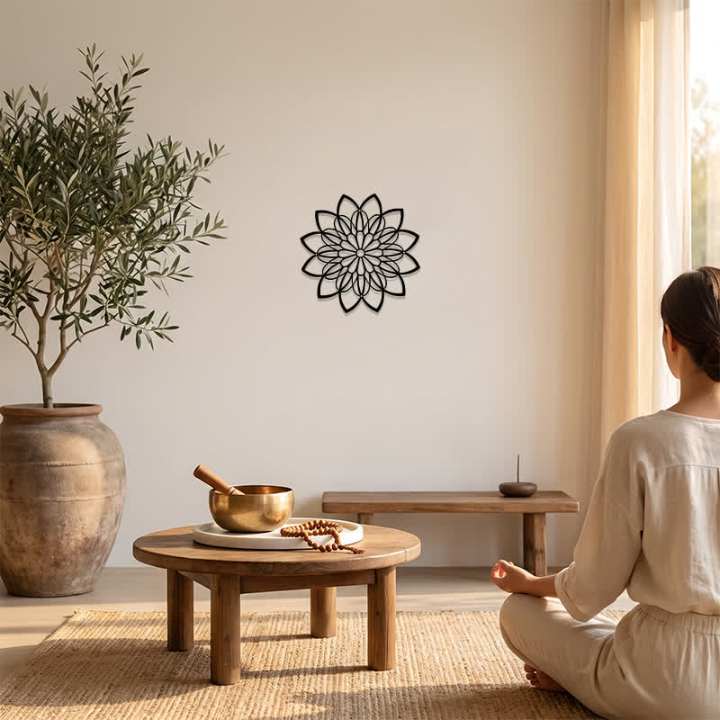 Buddha Stones Mandala di loto in metallo nero, illuminazione, cerchio in ferro, simboli significativi, decorazione murale - image 5