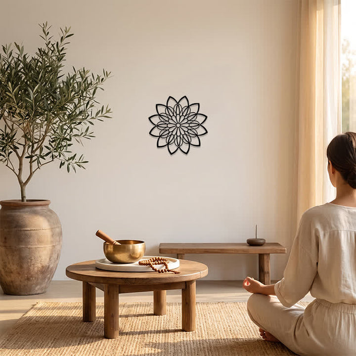 Buddha Stones Mandala di loto in metallo nero, illuminazione, cerchio in ferro, simboli significativi, decorazione murale - image 5