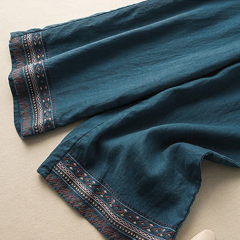 Pantaloni da donna a gamba larga con coulisse e tasche, con ricamo a motivo bohémien Buddha Stones. - image 7