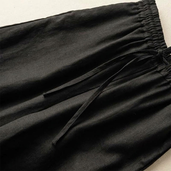 Pantaloni da donna a gamba larga con coulisse e tasche, con ricamo a motivo bohémien Buddha Stones. - image 9