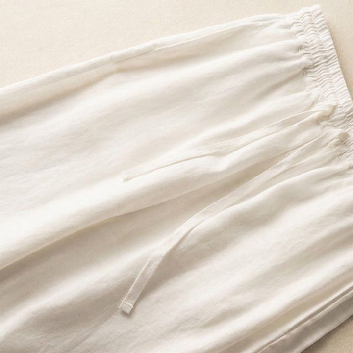 Pantaloni da donna a gamba larga con coulisse e tasche, con ricamo a motivo bohémien Buddha Stones. - image 11