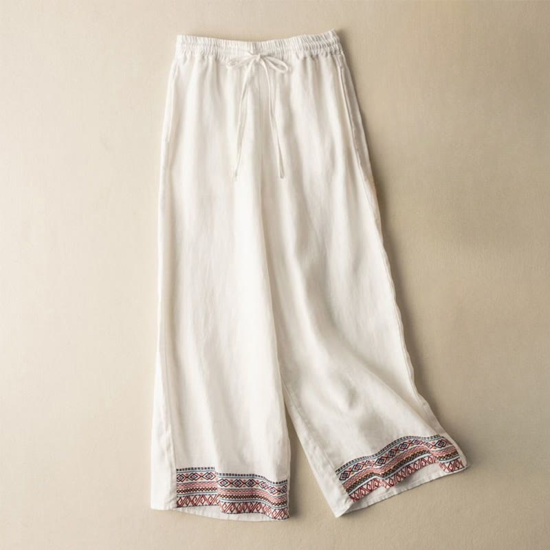 Pantaloni da donna a gamba larga con coulisse e tasche, con ricamo a motivo bohémien Buddha Stones. - OldLace - US12, UK/AU16, EU44 (XL) - image 10