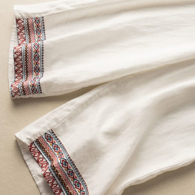 Pantaloni da donna a gamba larga con coulisse e tasche, con ricamo a motivo bohémien Buddha Stones. - image 13