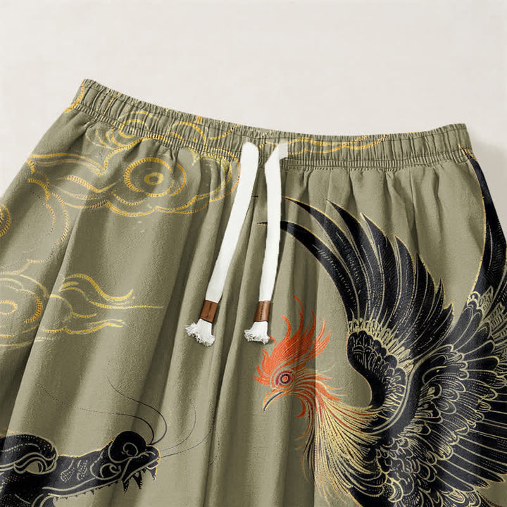Buddha Stones Pantaloni harem da uomo in puro cotone con coulisse e tasche, fantasia drago, fenice e nuvole. - image 3