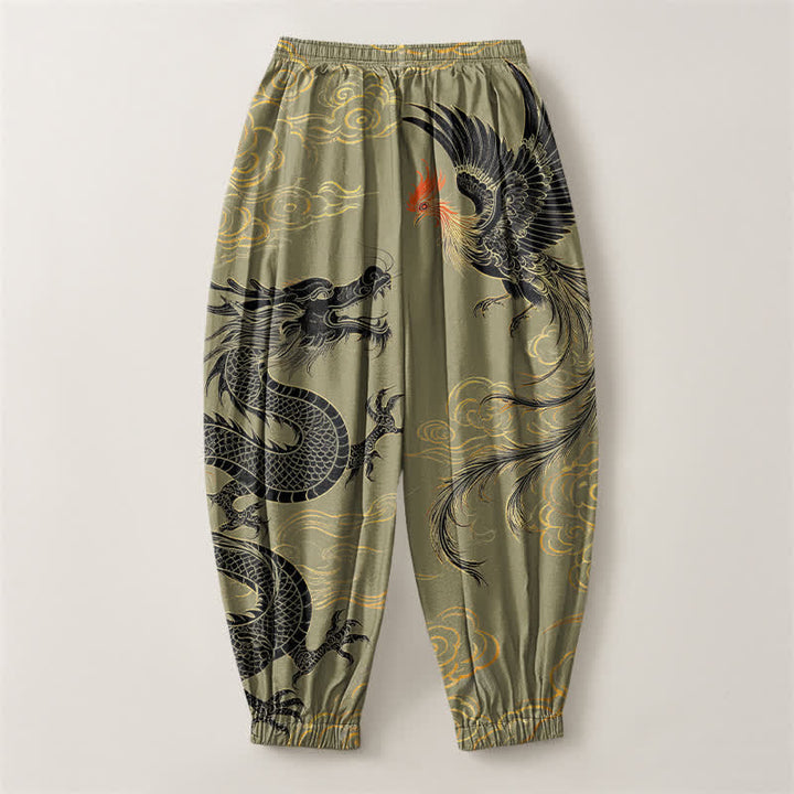 Buddha Stones Pantaloni harem da uomo in puro cotone con coulisse e tasche, fantasia drago, fenice e nuvole. - image 2