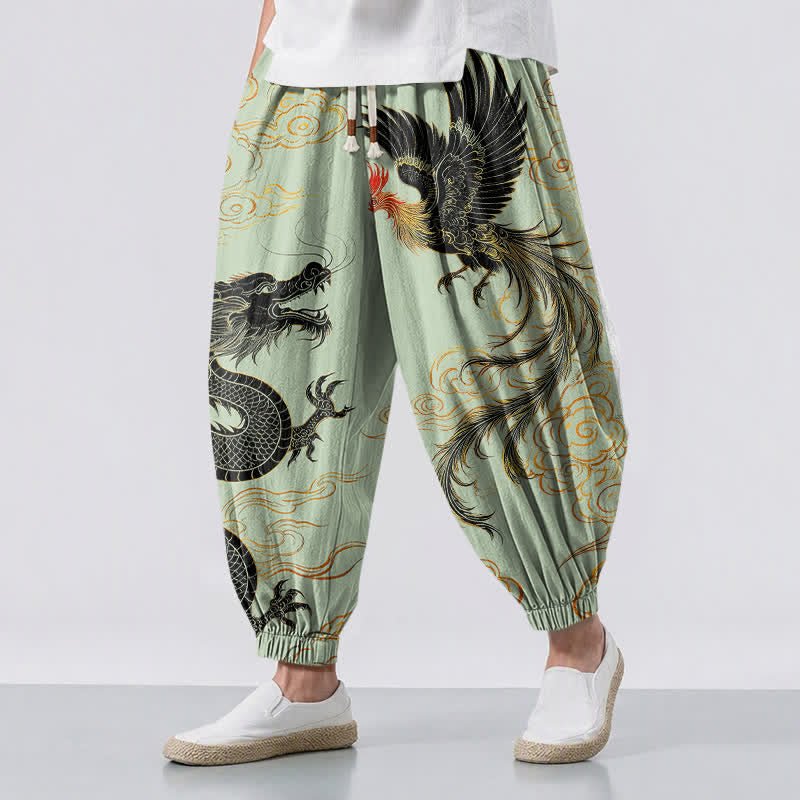 Buddha Stones Pantaloni harem da uomo in puro cotone con coulisse e tasche, fantasia drago, fenice e nuvole. - Crema alla menta - US/UK/AU50, EU60 (5XL) - image 6