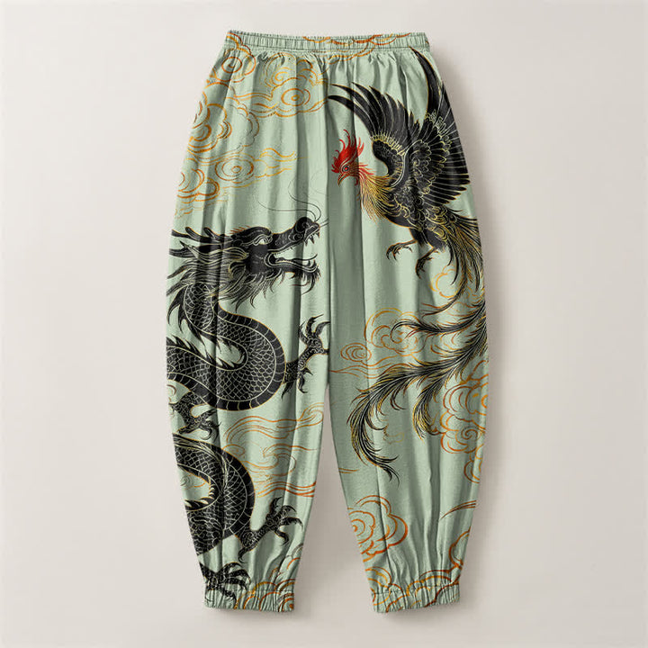 Buddha Stones Pantaloni harem da uomo in puro cotone con coulisse e tasche, fantasia drago, fenice e nuvole. - image 8