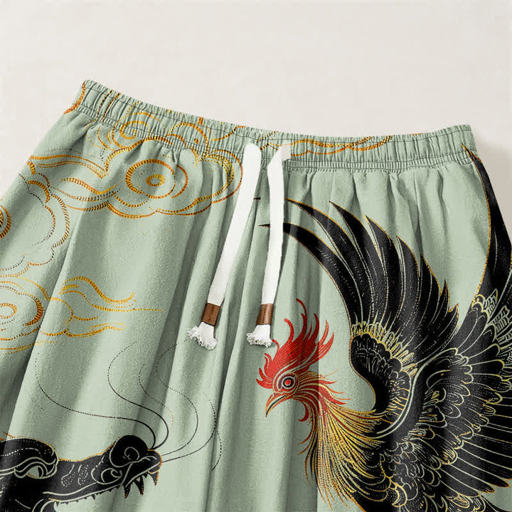 Buddha Stones Pantaloni harem da uomo in puro cotone con coulisse e tasche, fantasia drago, fenice e nuvole. - image 9