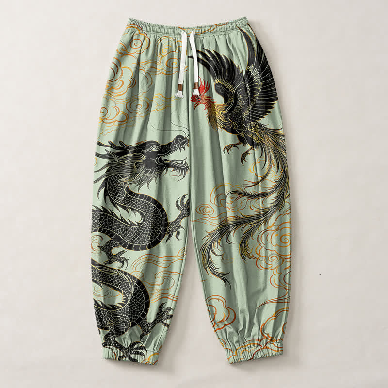 Buddha Stones Pantaloni harem da uomo in puro cotone con coulisse e tasche, fantasia drago, fenice e nuvole. - image 7