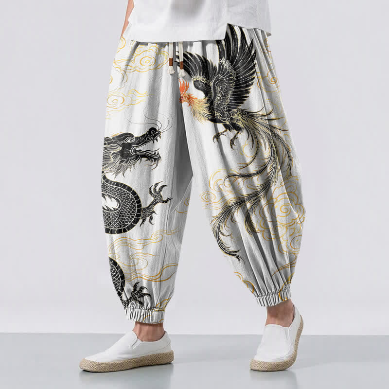 Buddha Stones Pantaloni harem da uomo in puro cotone con coulisse e tasche, fantasia drago, fenice e nuvole. - WhiteSmoke - US/UK/AU50, EU60 (5XL) - image 12