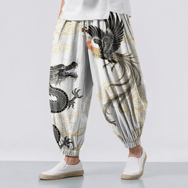 Buddha Stones Pantaloni harem da uomo in puro cotone con coulisse e tasche, fantasia drago, fenice e nuvole. - WhiteSmoke - US/UK/AU50, EU60 (5XL) - image 12