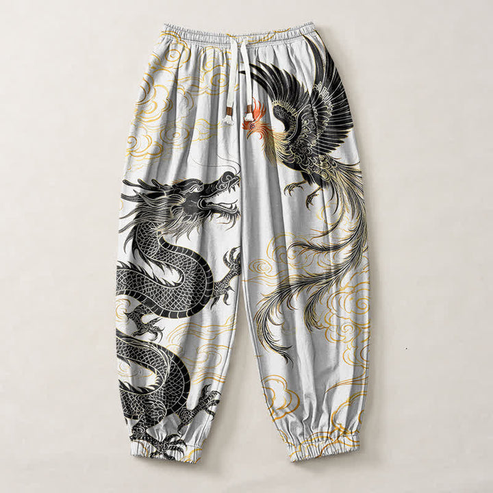 Buddha Stones Pantaloni harem da uomo in puro cotone con coulisse e tasche, fantasia drago, fenice e nuvole. - image 13