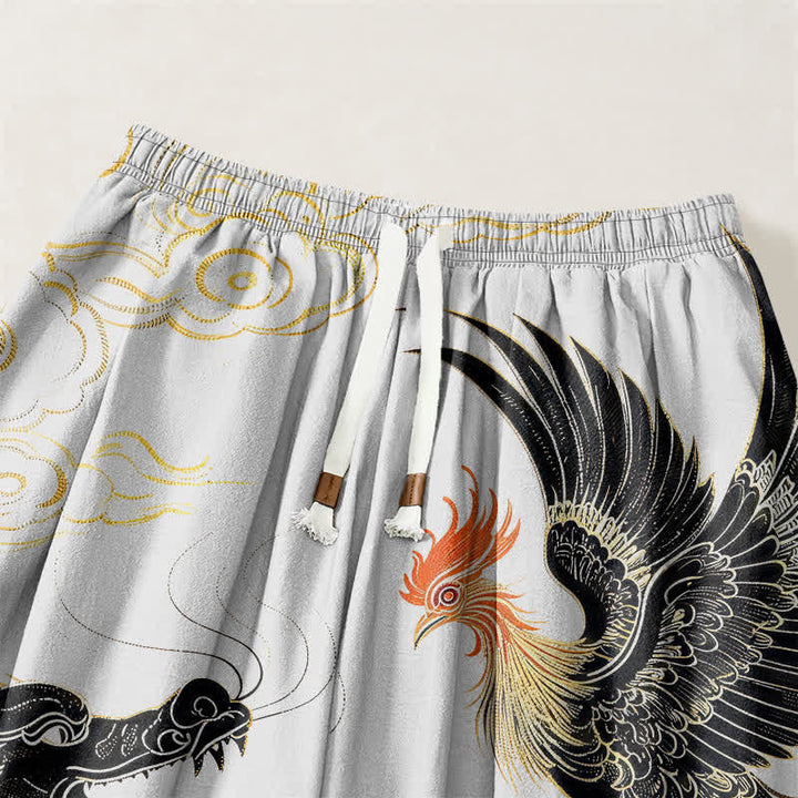 Buddha Stones Pantaloni harem da uomo in puro cotone con coulisse e tasche, fantasia drago, fenice e nuvole. - image 15