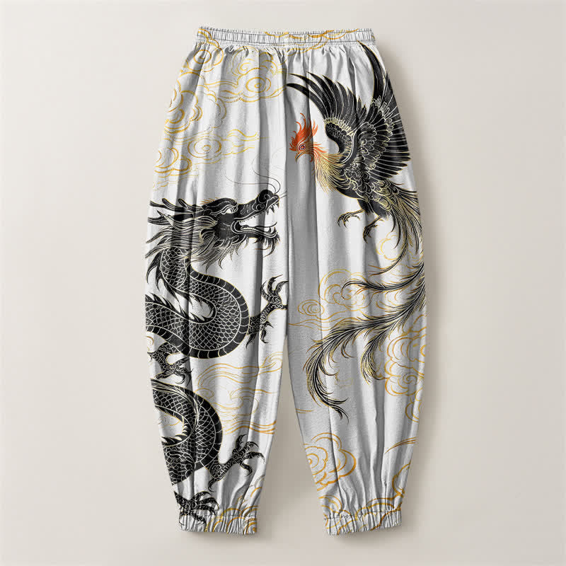 Buddha Stones Pantaloni harem da uomo in puro cotone con coulisse e tasche, fantasia drago, fenice e nuvole. - image 14