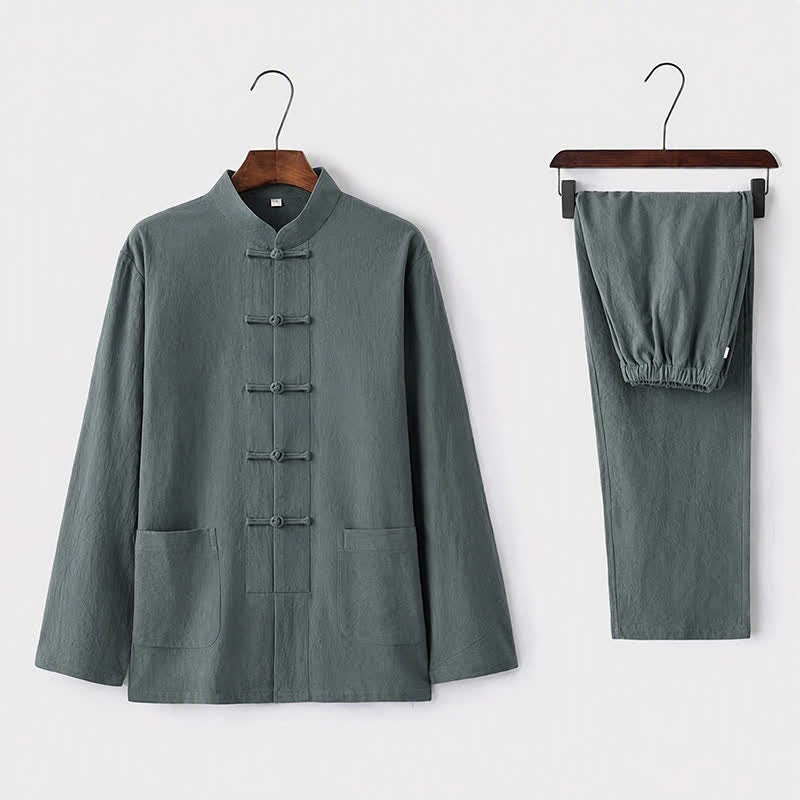 Completo da uomo in stile Tang con bottoni a rana Buddha Stones , composto da camicia a maniche lunghe e pantaloni, set completo da 2 pezzi. - Cadetto Blu - US/UK/AU44，EU54 (5XL) - image 4