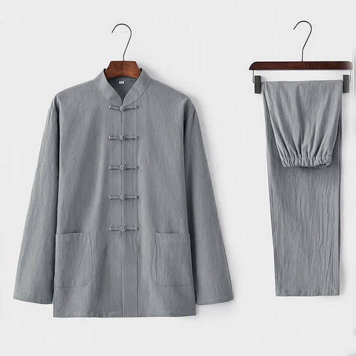 Completo da uomo in stile Tang con bottoni a rana Buddha Stones , composto da camicia a maniche lunghe e pantaloni, set completo da 2 pezzi. - Gainsboro - US/UK/AU44，EU54 (5XL) - image 2