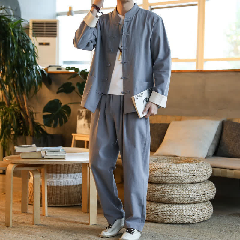 Buddha Stones 2 pezzi Zen Tang Suit da uomo Frog-Bottone Camicia a maniche lunghe Pantaloni Set con tasche - image 1
