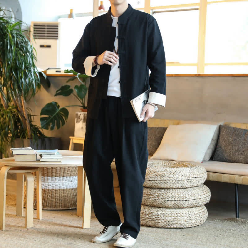 Buddha Stones 2 pezzi Zen Tang Suit da uomo Frog-Bottone Camicia a maniche lunghe Pantaloni Set con tasche - Nero - US/UK/AU44，EU54 (5XL) - image 14