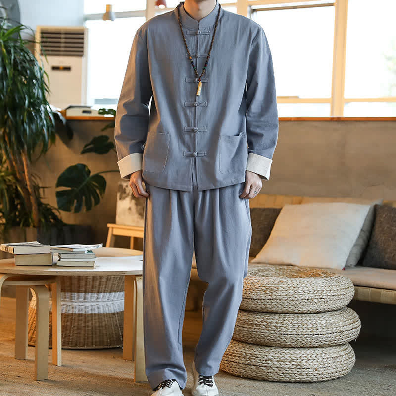 Buddha Stones 2 pezzi Zen Tang Suit da uomo Frog-Bottone Camicia a maniche lunghe Pantaloni Set con tasche - image 2