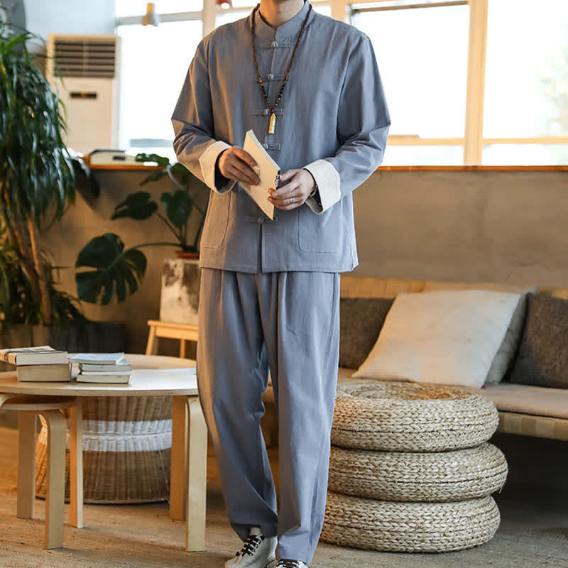 Buddha Stones 2 pezzi Zen Tang Suit da uomo Frog-Bottone Camicia a maniche lunghe Pantaloni Set con tasche - image 6