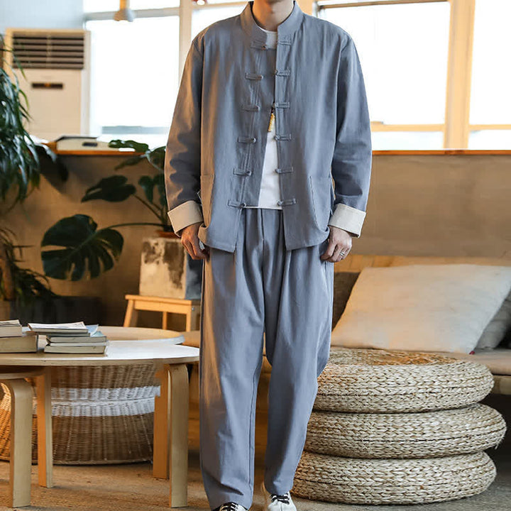 Buddha Stones 2 pezzi Zen Tang Suit da uomo Frog-Bottone Camicia a maniche lunghe Pantaloni Set con tasche - image 7
