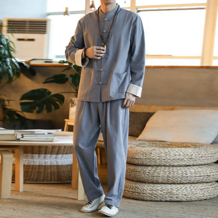 Buddha Stones 2 pezzi Zen Tang Suit da uomo Frog-Bottone Camicia a maniche lunghe Pantaloni Set con tasche - image 8