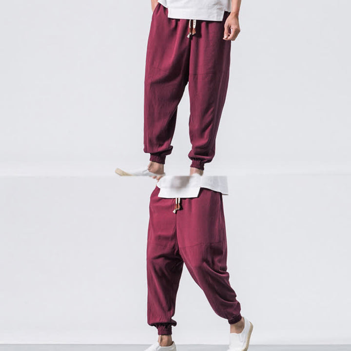 Pantaloni harem da uomo Buddha Stones, semplici, in cotone, con coulisse e tasche. - image 11