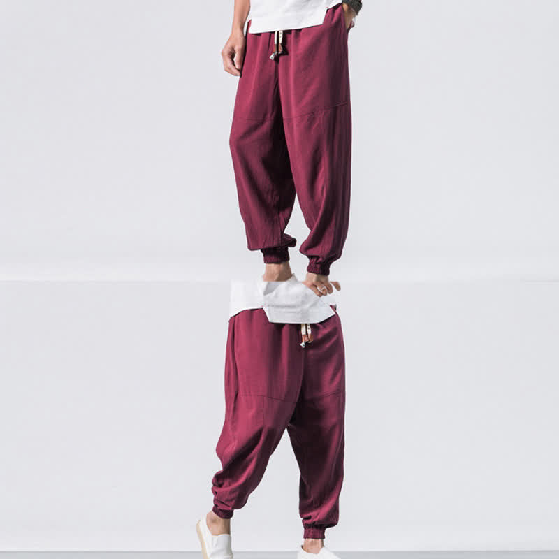 Pantaloni harem da uomo Buddha Stones, semplici, in cotone, con coulisse e tasche. - image 10