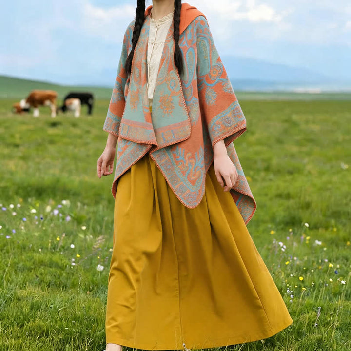 Buddha Stones Poncho/scialle stile boho con cappuccio, fantasia paisley geometrica, autunno/inverno. - image 2