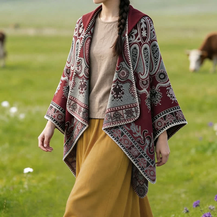 Buddha Stones Poncho/scialle stile boho con cappuccio, fantasia paisley geometrica, autunno/inverno. - image 19