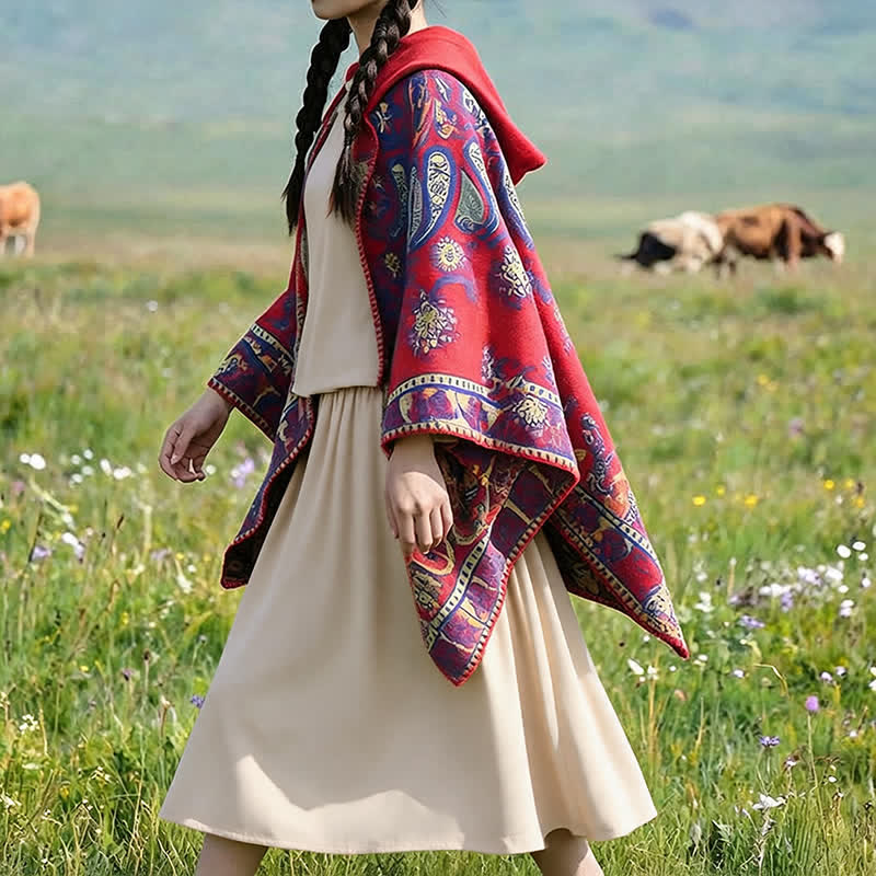 Buddha Stones Poncho/scialle stile boho con cappuccio, fantasia paisley geometrica, autunno/inverno. - image 14
