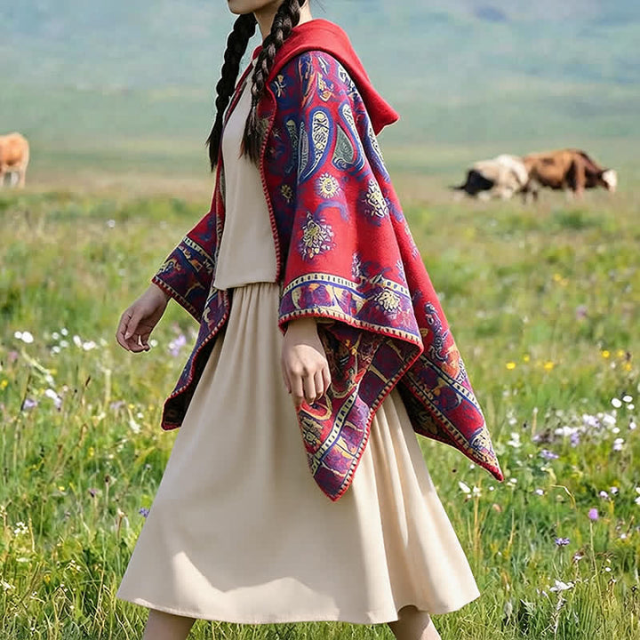 Buddha Stones Poncho/scialle stile boho con cappuccio, fantasia paisley geometrica, autunno/inverno. - image 14