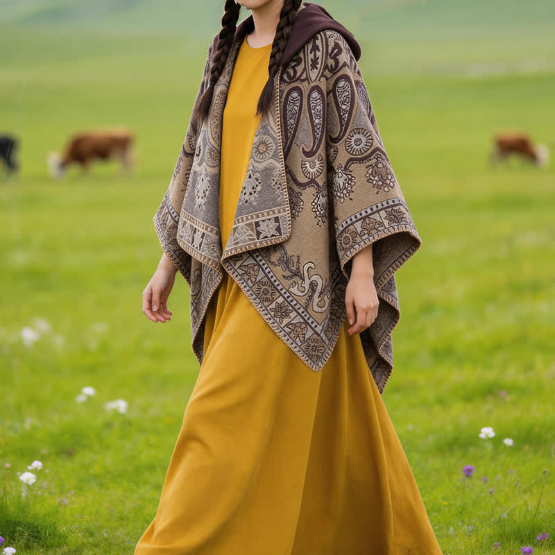 Buddha Stones Poncho/scialle stile boho con cappuccio, fantasia paisley geometrica, autunno/inverno. - image 30