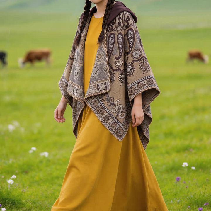 Buddha Stones Poncho/scialle stile boho con cappuccio, fantasia paisley geometrica, autunno/inverno. - image 30