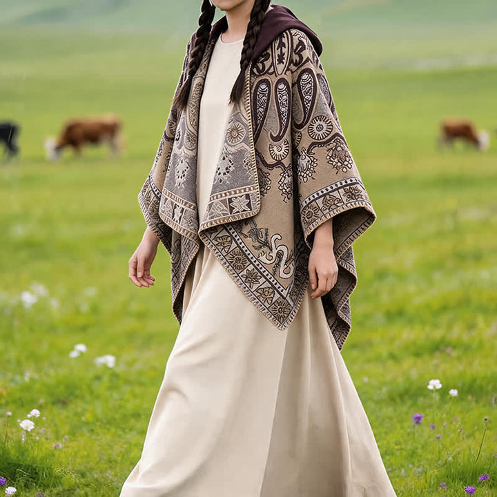 Buddha Stones Poncho/scialle stile boho con cappuccio, fantasia paisley geometrica, autunno/inverno. - image 31
