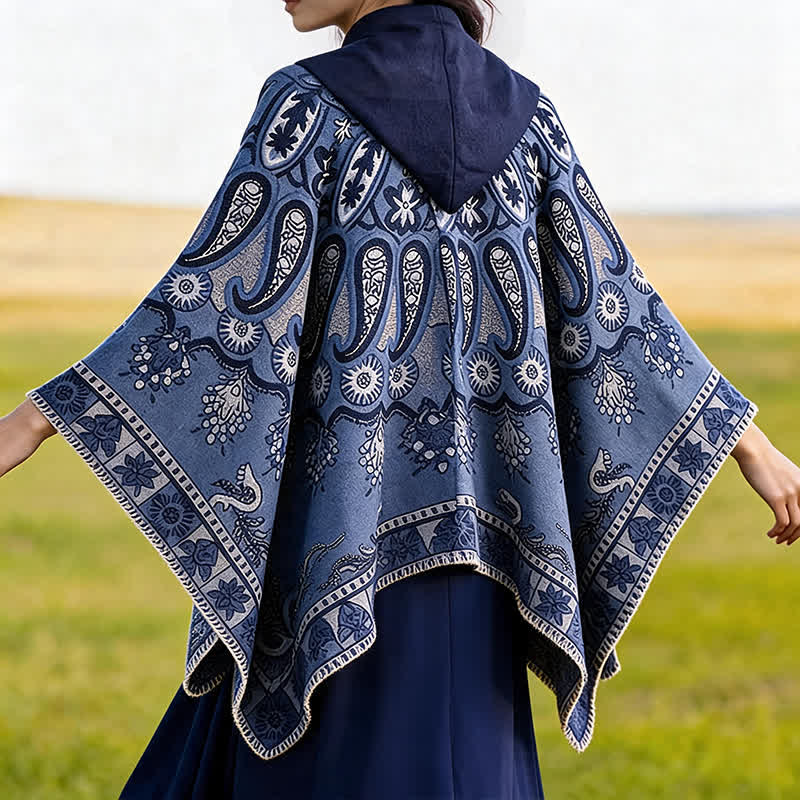 Buddha Stones Poncho/scialle stile boho con cappuccio, fantasia paisley geometrica, autunno/inverno. - image 7