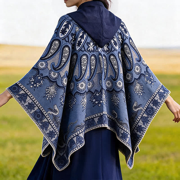 Buddha Stones Poncho/scialle stile boho con cappuccio, fantasia paisley geometrica, autunno/inverno. - image 7