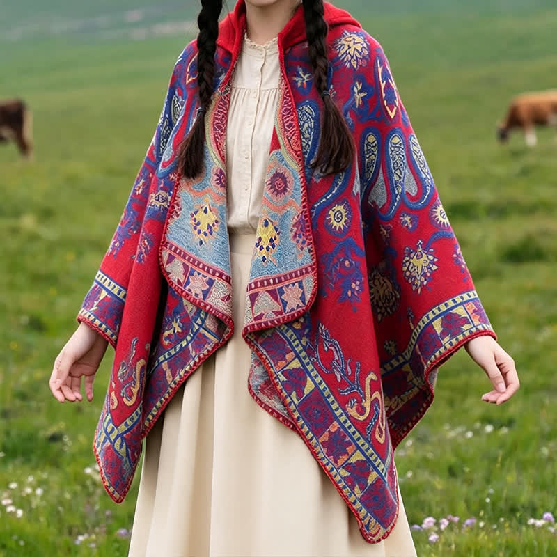 Buddha Stones Poncho/scialle stile boho con cappuccio, fantasia paisley geometrica, autunno/inverno. - image 13