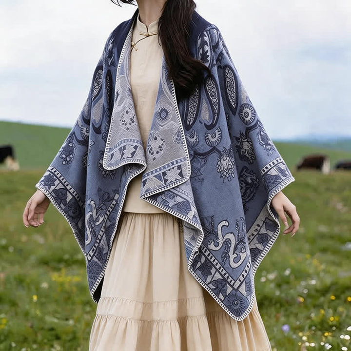 Buddha Stones Poncho/scialle stile boho con cappuccio, fantasia paisley geometrica, autunno/inverno. - image 6