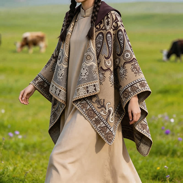 Buddha Stones Poncho/scialle stile boho con cappuccio, fantasia paisley geometrica, autunno/inverno. - Siena - 130*150CM - image 27