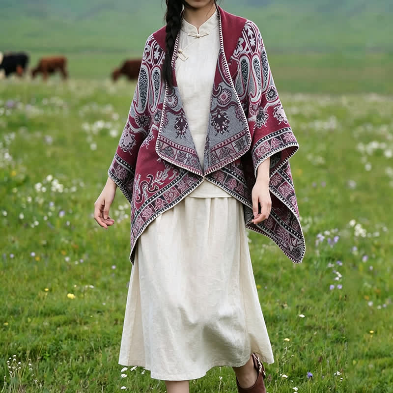 Buddha Stones Poncho/scialle stile boho con cappuccio, fantasia paisley geometrica, autunno/inverno. - image 20