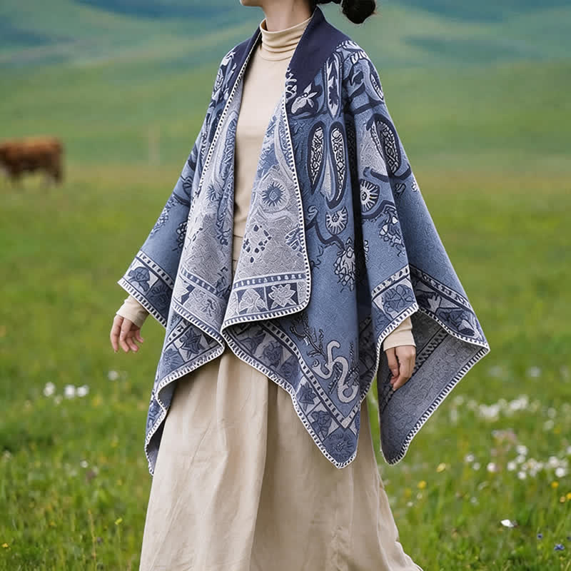 Buddha Stones Poncho/scialle stile boho con cappuccio, fantasia paisley geometrica, autunno/inverno. - image 5