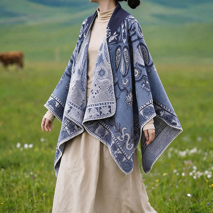 Buddha Stones Poncho/scialle stile boho con cappuccio, fantasia paisley geometrica, autunno/inverno. - image 5