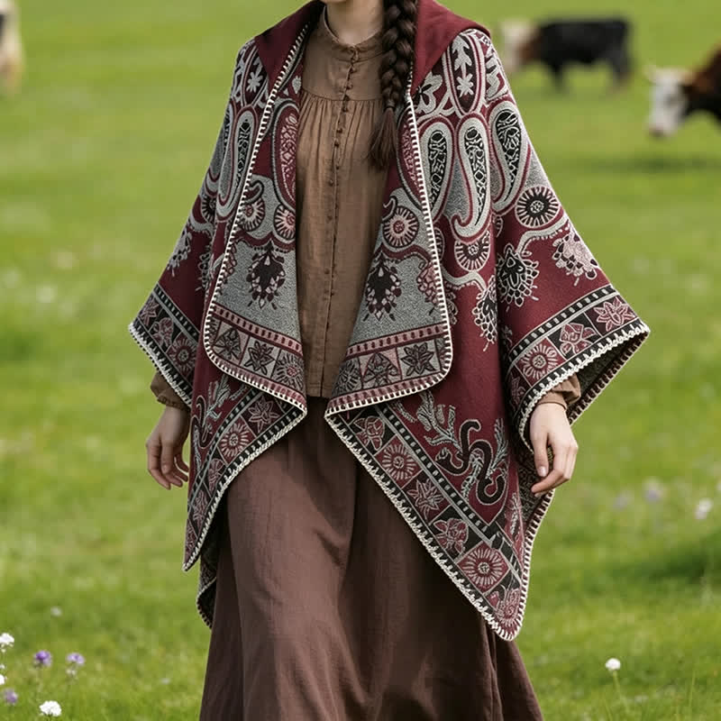 Buddha Stones Poncho/scialle stile boho con cappuccio, fantasia paisley geometrica, autunno/inverno. - image 18