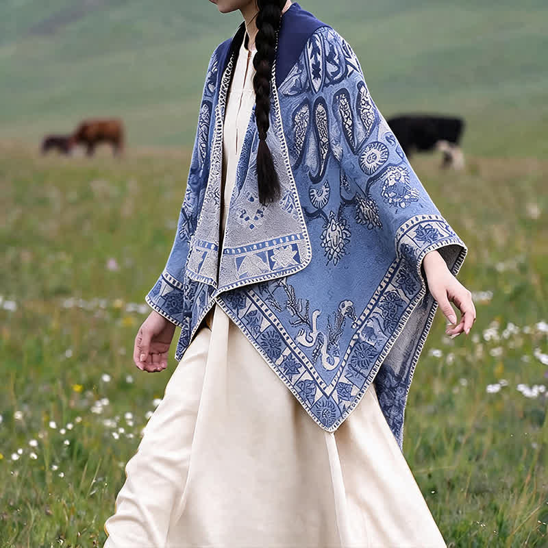 Buddha Stones Poncho/scialle stile boho con cappuccio, fantasia paisley geometrica, autunno/inverno. - image 8